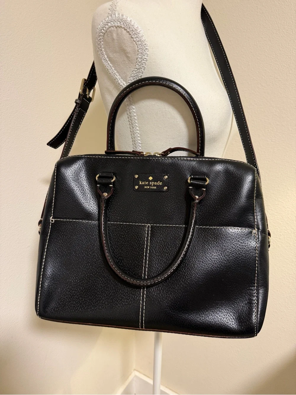 kate spade Black Leather Laptop Satchel Bag Gold Hardware Crossbody Purse Tote